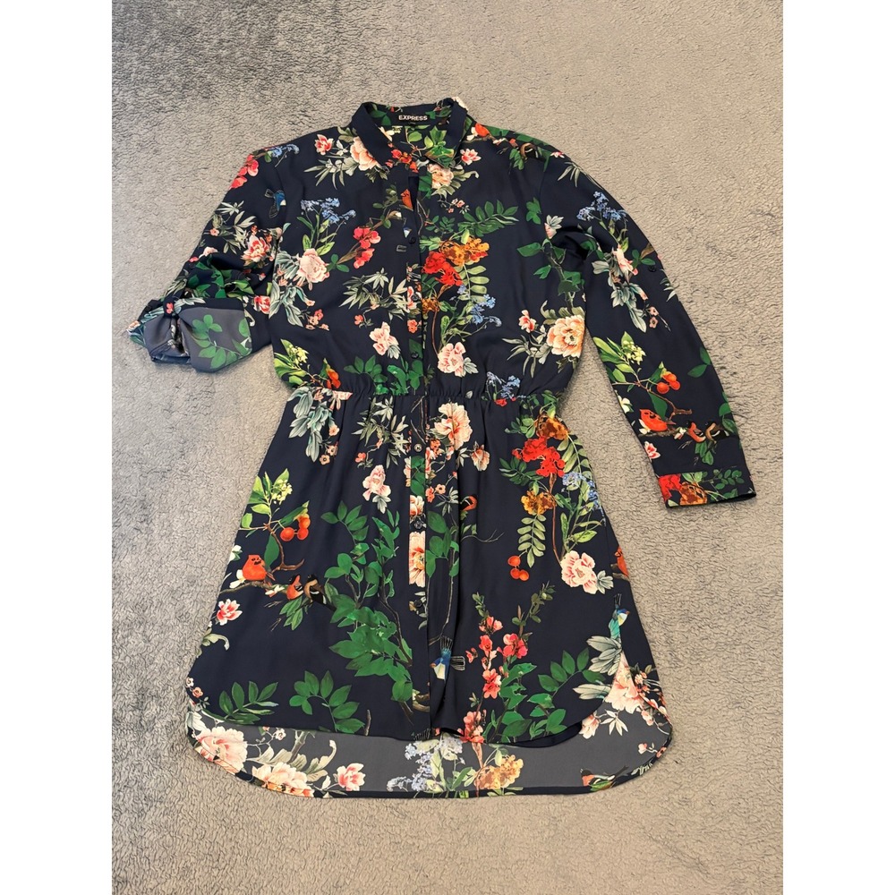Express Navy Floral Bird Print Roll Tab Sleeve Shirt Dress Medium